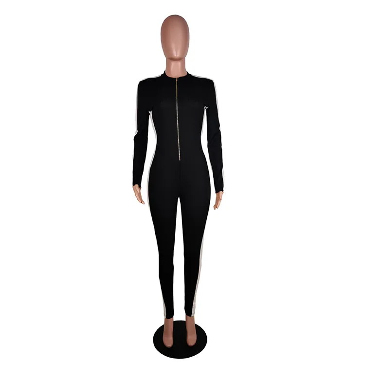 Fashion Lady Rompers Long Sleeve Patchwork Adjustable Neck Sexy Autumn Women One Piece Jumpsuits