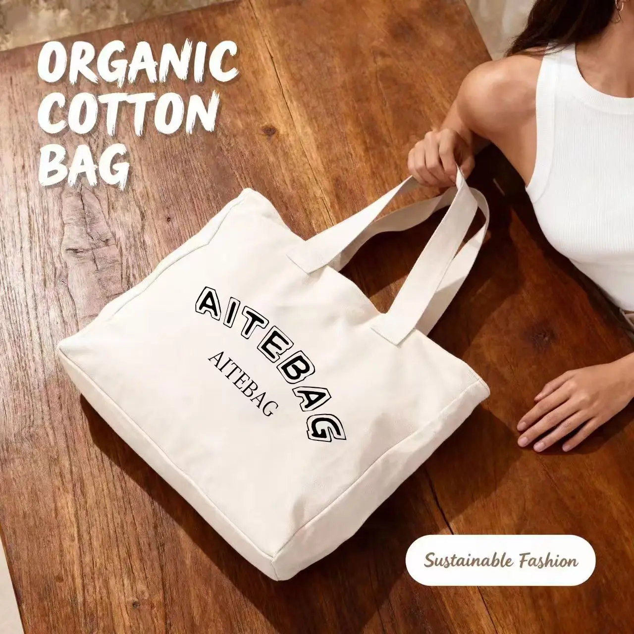 High Quality Custom Printed Logo Canvas Tote Bag Wholesale Reusable Zipper Closure Medium Advertising Gift Bag Letter Pattern factory