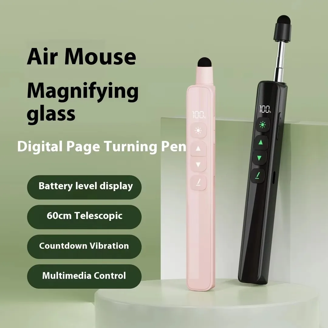 Ergonomic green laser pointer presentation remote with USB-C port and LCD display