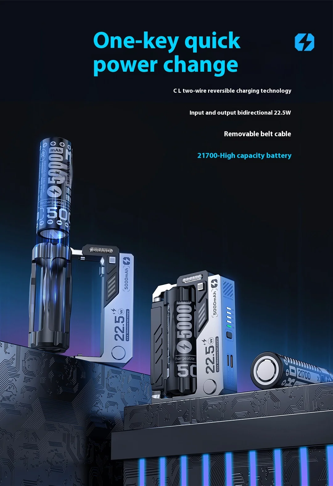 New Design OEM/ODM LI-Polymer Battery Interchangeable Clip Fast Charge Portable Slim 5000mAh Detachable Power Bank Witch Cable