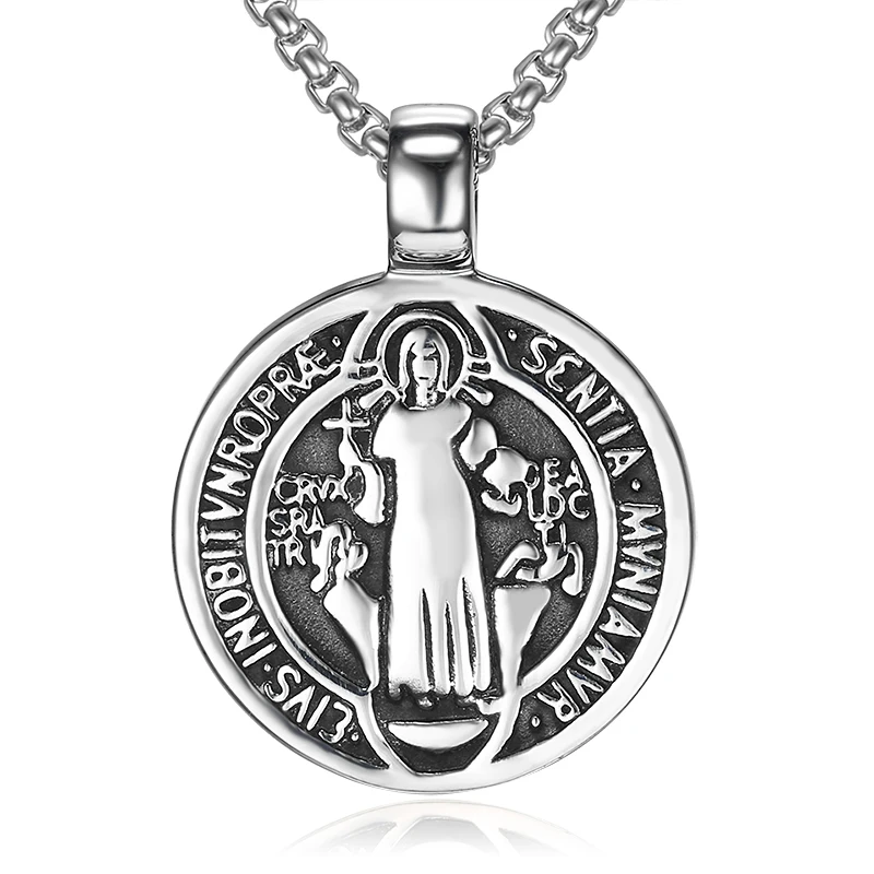 Men's St Benedict Exorcism Pendant Necklace Stainless Steel Catholic