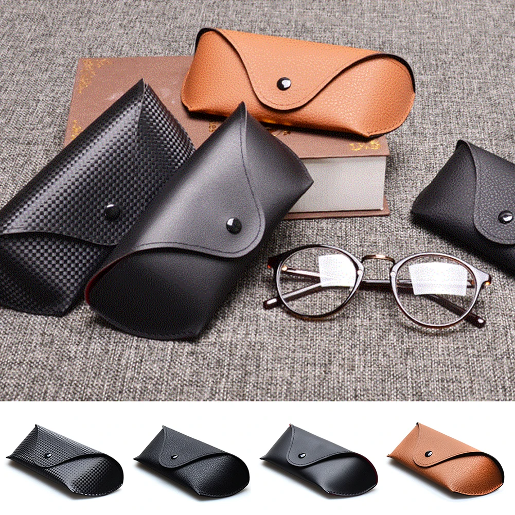 Qmisify Leather Glasses Case, PU Leather Eyewear Box with Metal Button,  Holder Portable Slim Sunglasses Pouch, Lightweight
