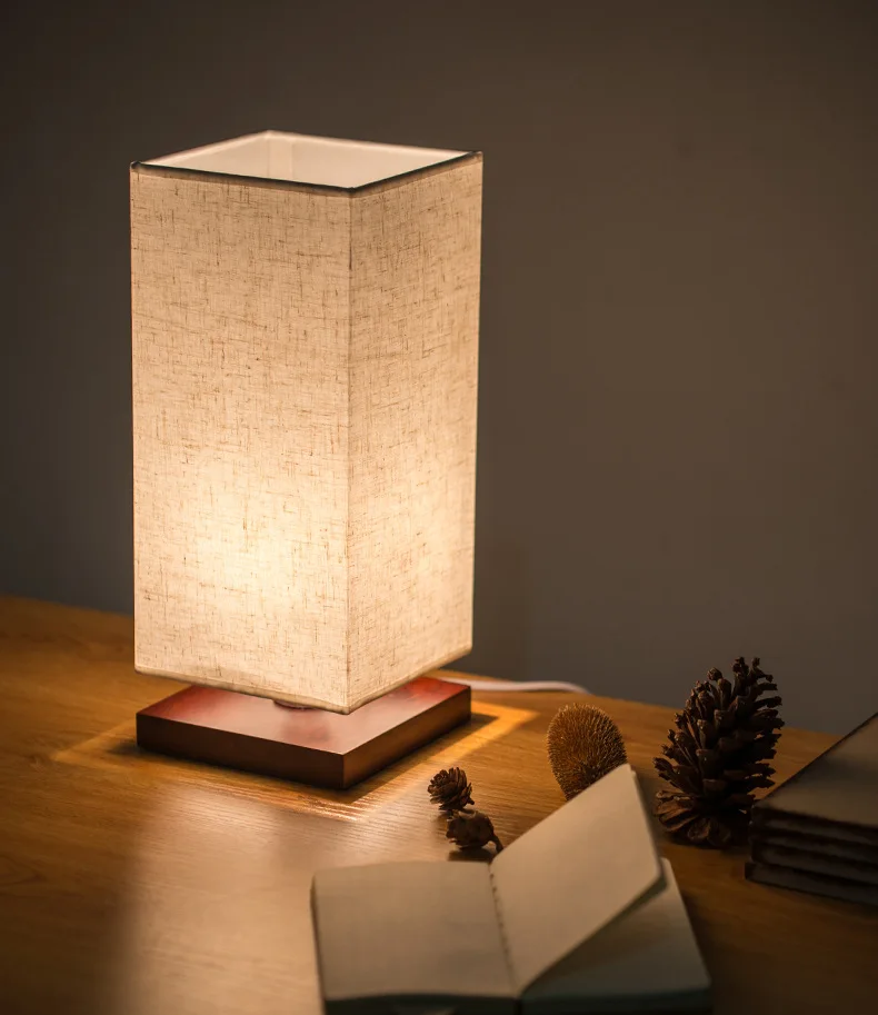 方形亚麻色织物灯罩极简主义固体家居装饰木制底座床头柜床头柜现代