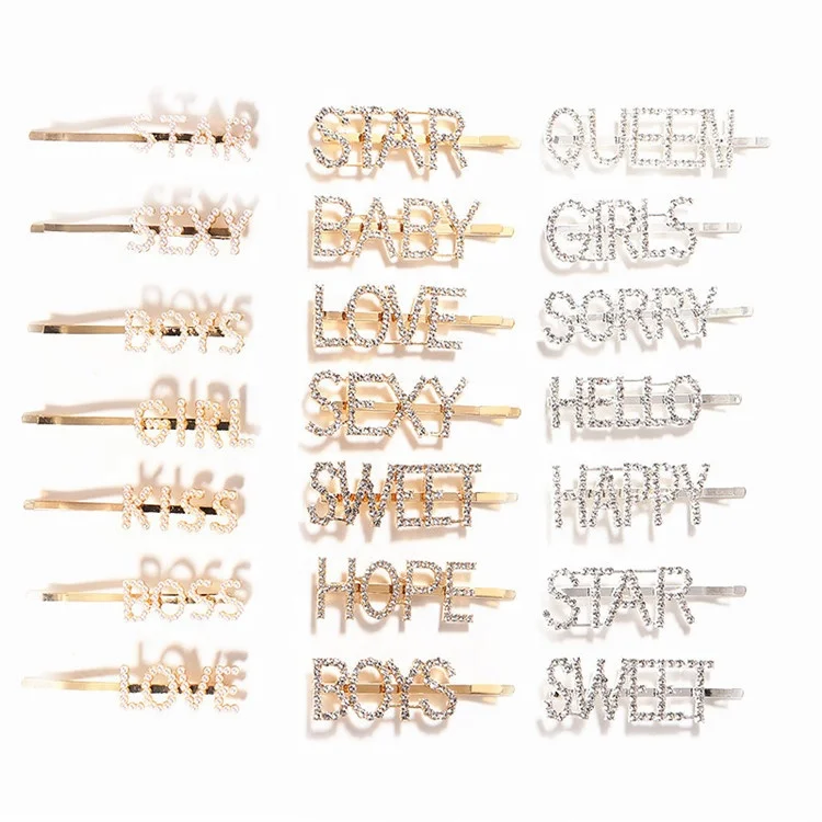 

Best quality girls words hair accessories hair pin tylish metal letter Rhinestones hair clip,10 Pieces, Customized hair accessory