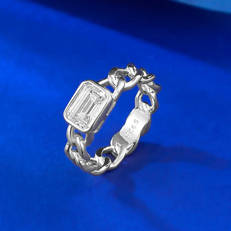 S925 Silver White Gold 5*7 Rectangular Lab Diamond Cuban Ring Live Cross-Border Chain Trendy Weddings Engagements