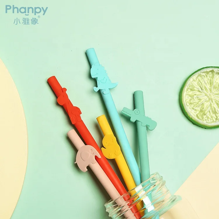 6 Pailles Silicone Réutilisables - 22cm Avec Décor Animaux - Pour Enfants, Fêtes, Cadeaux écolos