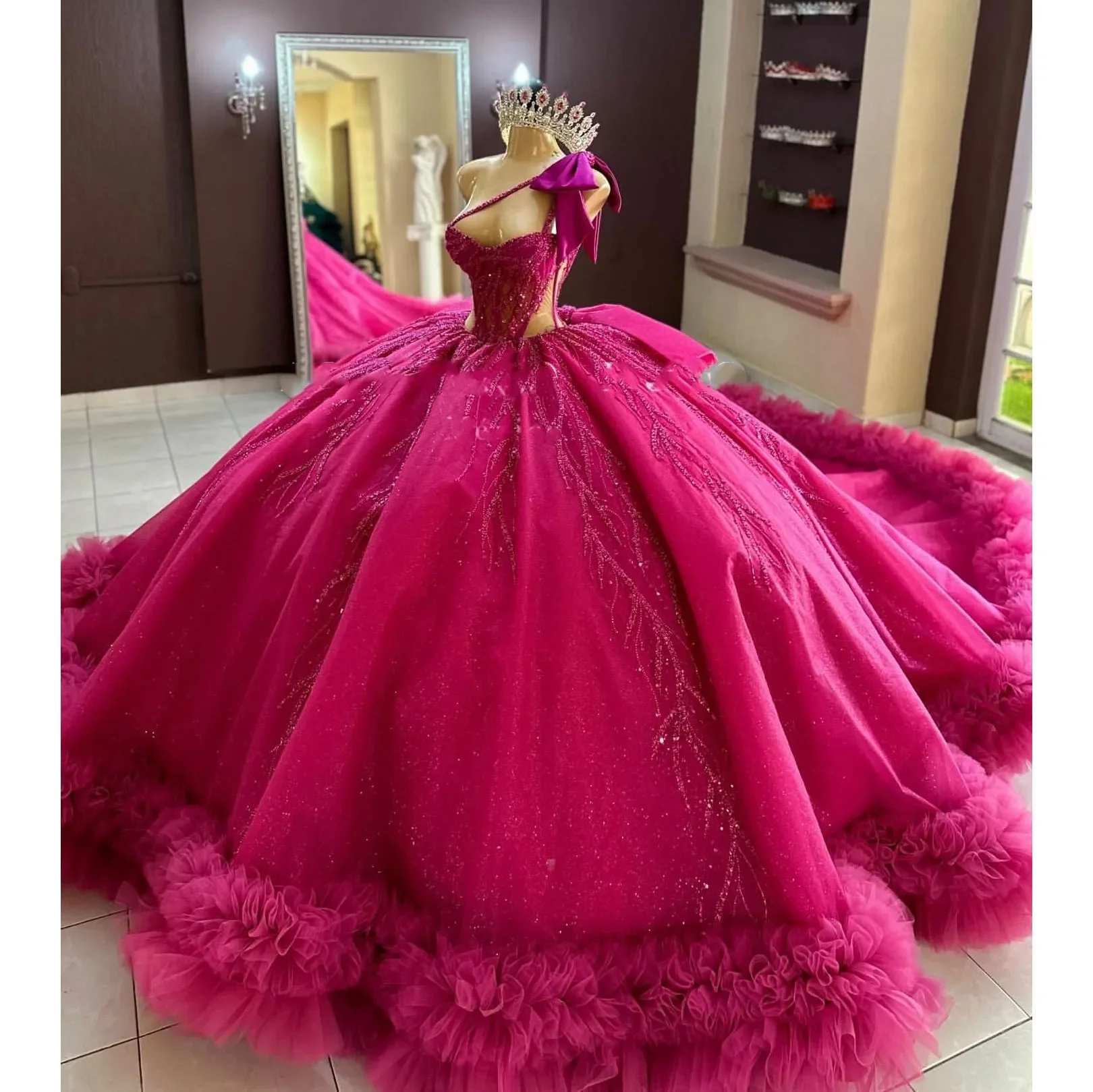 Wholesale Flower Girl Dresses Long Trains quinceanera Dresses quinceanera Dresses Hot Pink weet 15 Gowns ball gown quinceanera dress atin princess