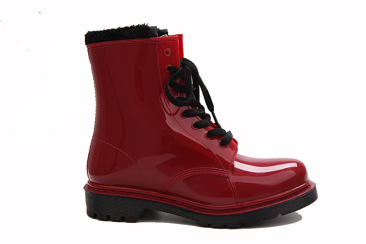 女士定制 lowtop dripyp 短红色 pvc 冬季雨靴与毛皮衬里为妇女