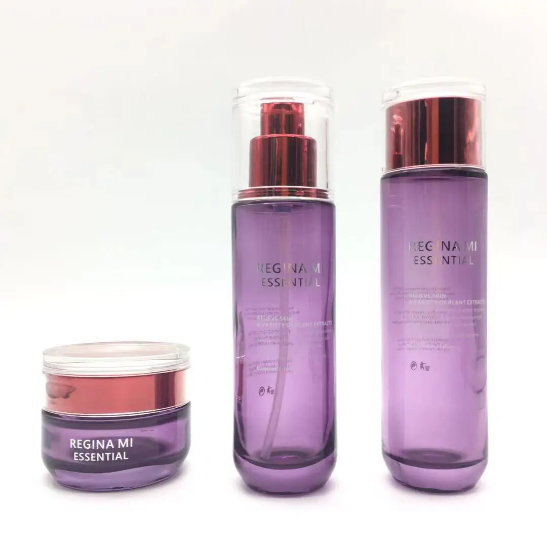Luxury Purple Skin Care Glass Lotion Bottle And Jars Empty Cosmetic