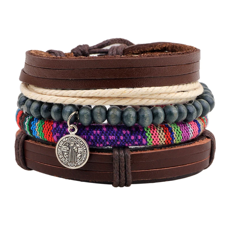 mens charm  Multilayer Leather Beads Wooden  Ropes Hemp Bohemia combination beads wooden braided leather Bracelet