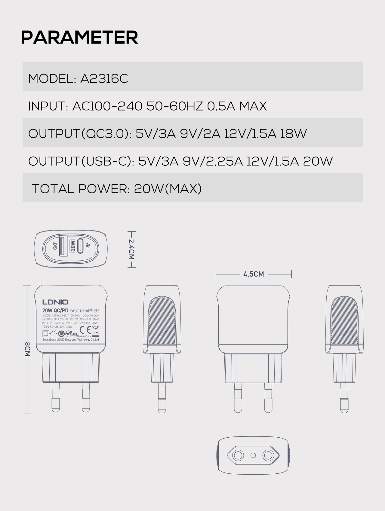 LDNIO A2316C  Qualcomm Quick charge 3.0 Type-c Port Travel USB Wall Mobile Phone Fast Charger For iPhone 12