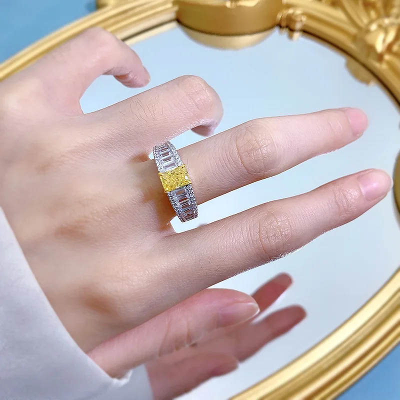 2025 Collection High Carbon 925 Silver Yellow Diamond Ring Radiant Cut 5*7mm Lab Diamond Style Best Seller Rhodium Plated
