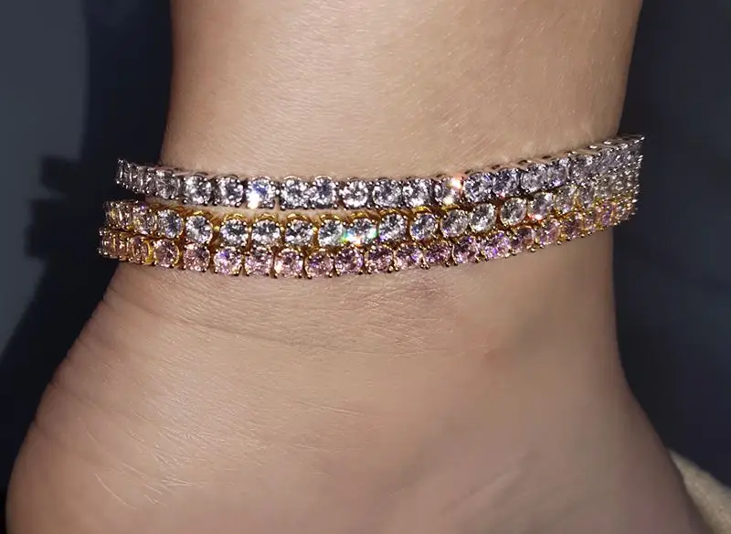 High Quality 3mm Pink Diamond Tennis Feet Jewelry Anklet For Women