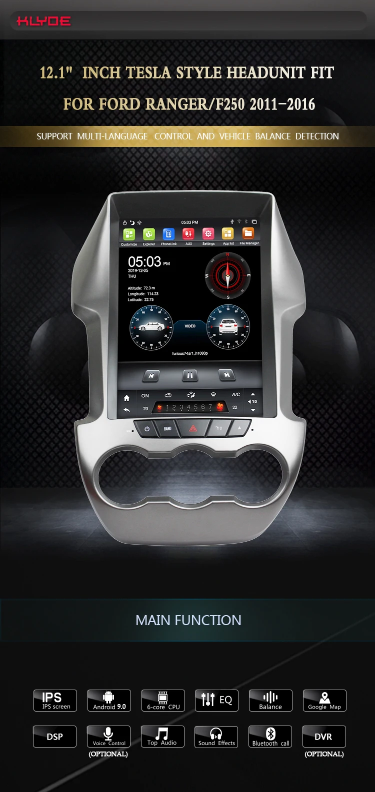 Klyde Kd12127 Android 9.0 6core Car Audio With Vertical Touch Screen