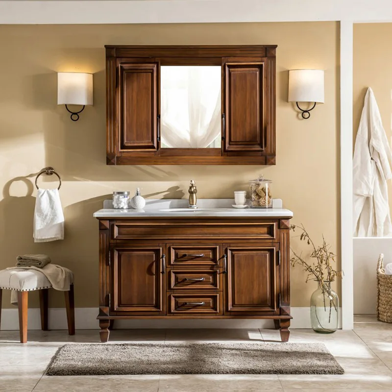 American bathroom vanity combination walnut color hidden mirror cabinet bathroom sink solid wood hand wash basin