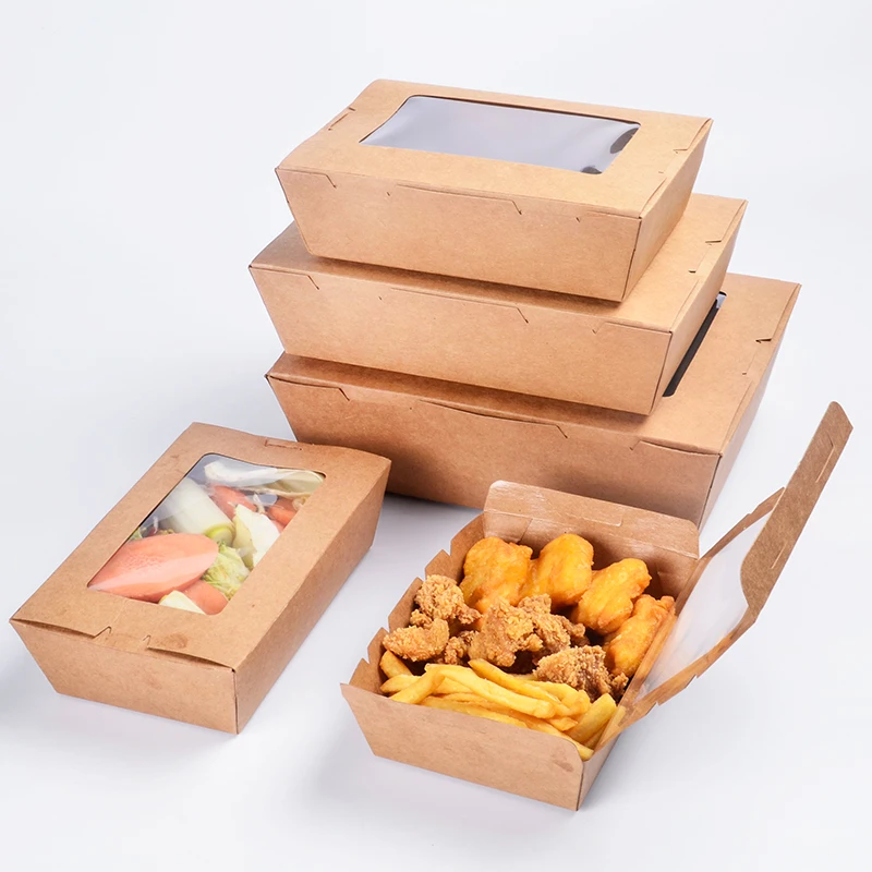 

500ml 700ml 900ml 1200ml 1600ml 2100ml Biodegradable windows container fried packing containers kraft paper take away box,50 Boxes