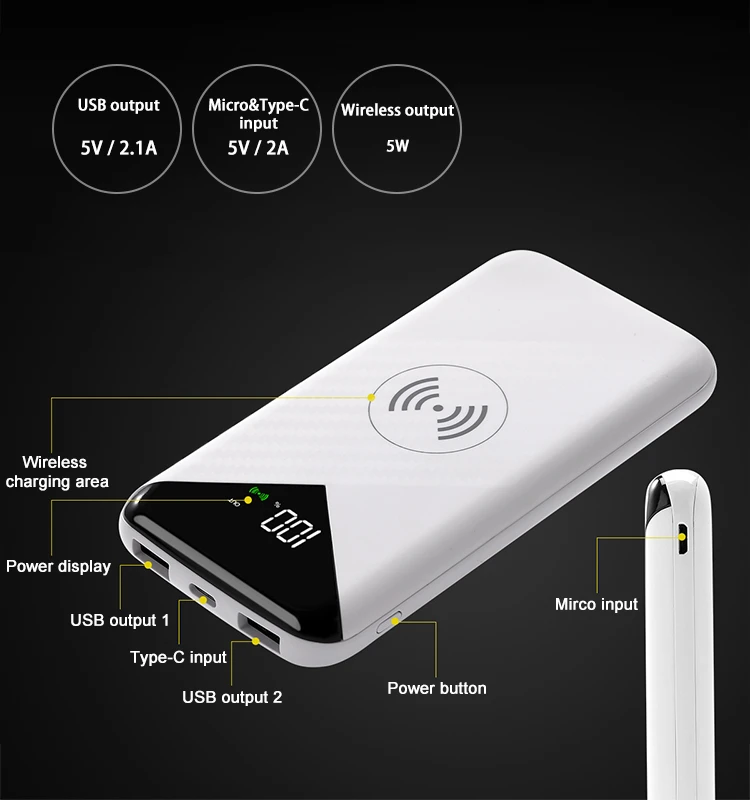 New Power Bank Mobile Phone Portable Power Bank 10000Mah Charger Qi Wireless Power Bank With LED digital display - ANKUX.COM
