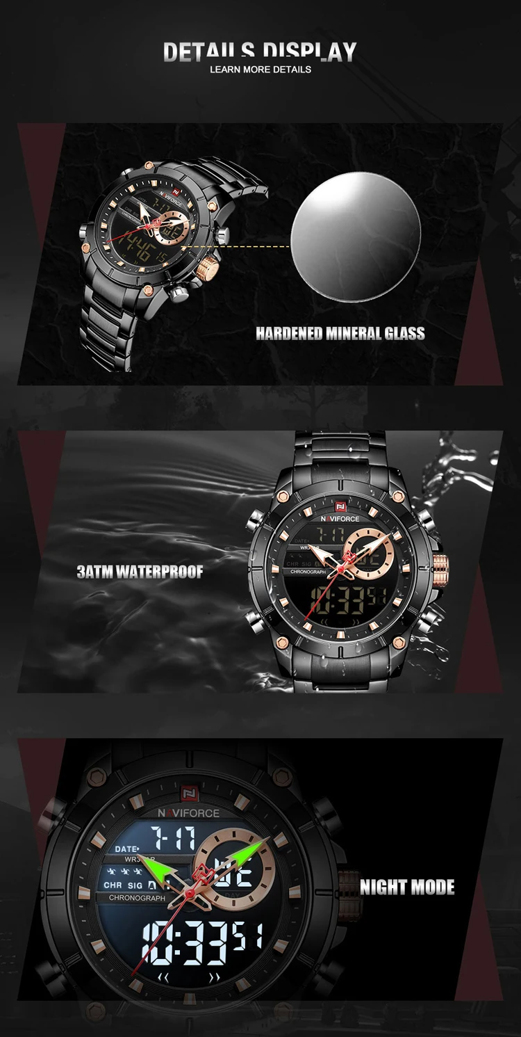 NAVIFORCE 9163 Top Brand Men Military Sport Watches Mens LED Analog Digital Watch Male Army Stainless Clock Relogio Masculino