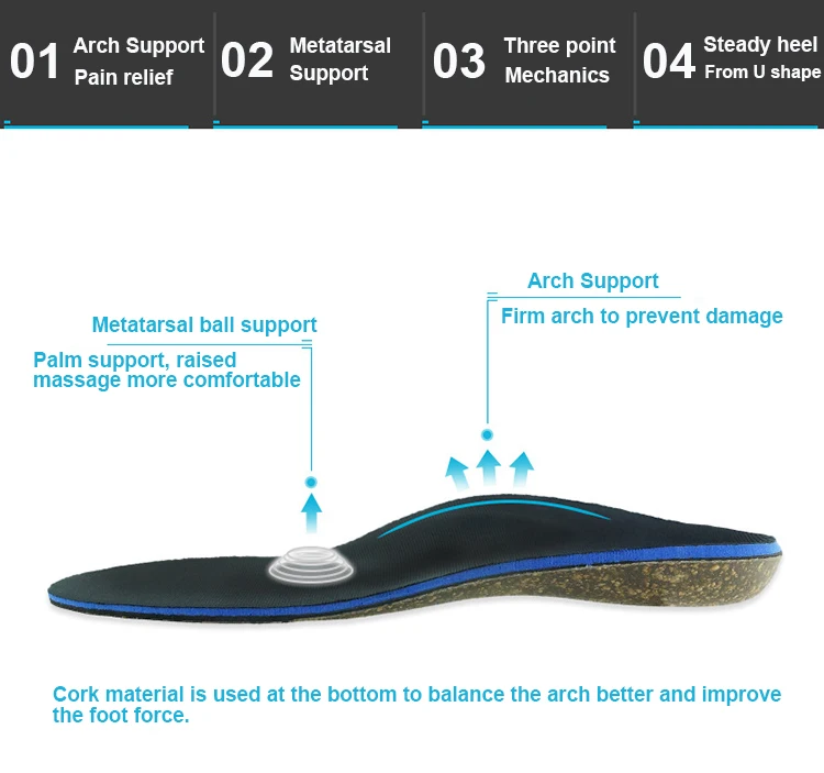 Natural Cork High Arch Support Orthotics Insole Cork Shoe Insoles For