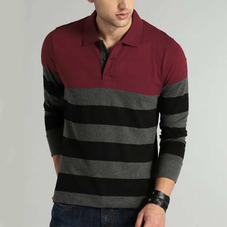 Custom wholesale Men Charcoal Grey & Maroon Striped Polo Collar T-shirt polo shirt men long sleve tomy hilfnger polo shirt