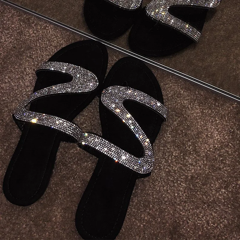 2020 New Fashion Bling Ladies Slippers S Shaped Flat Slide Sandal