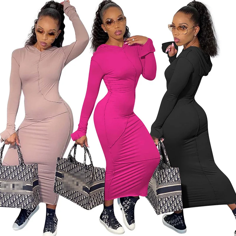 Fall Tight Cheap Casual Women Dresses Clothing Plain Woman Stretch Long Sleeve Maxi Dress Ladies Sweatshirt Dress with Hoodie