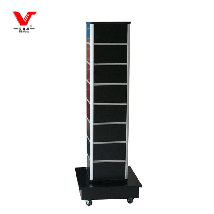 4 Way Slatwall Wooden Rotating Black Shoes Display Stand With Wheels