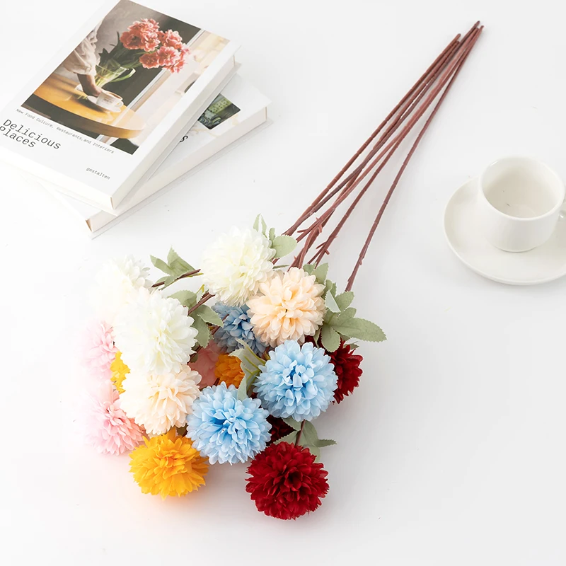 Artificial Flower 3 Head Ball Chrysanthemum Premium Silk Cloth Wedding