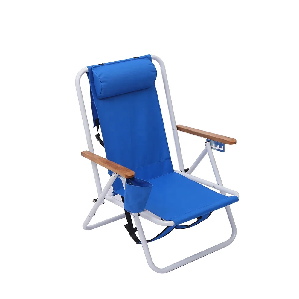 Adjustable Folding Beach Chair With Solid Wood Armrests With Pillow And