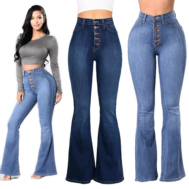 

Blue Flare Skinny Jeans Women High Waist Buttons Denim Pants Trousers Full Length Butt Lifting Plus Size Casual Jeans