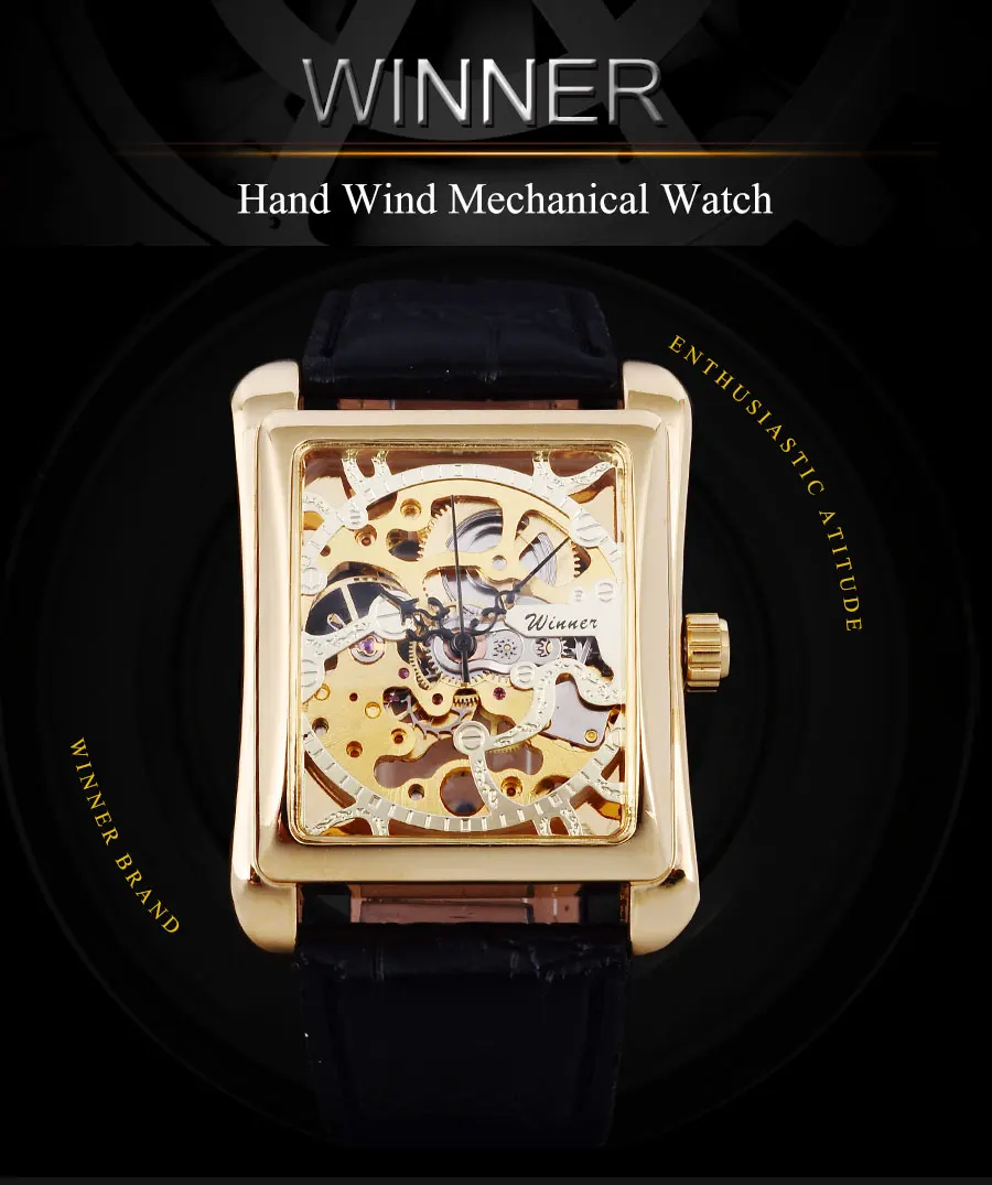 Winner Brand Watches Men Rectangle Mechanical Hand Wind Watches Male Golden Skeleton Dial Artificial Leather Wristwatches Alibaba