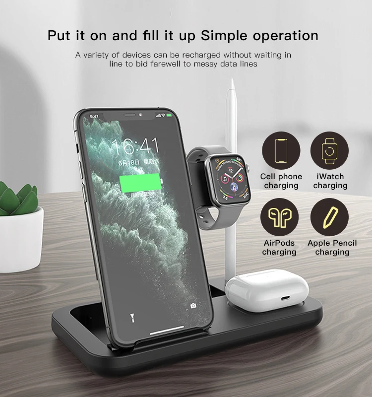 Foldable Portable 15W 4 In 1 Charging Station Pad Dock Desktop Stand Charger Wireless
