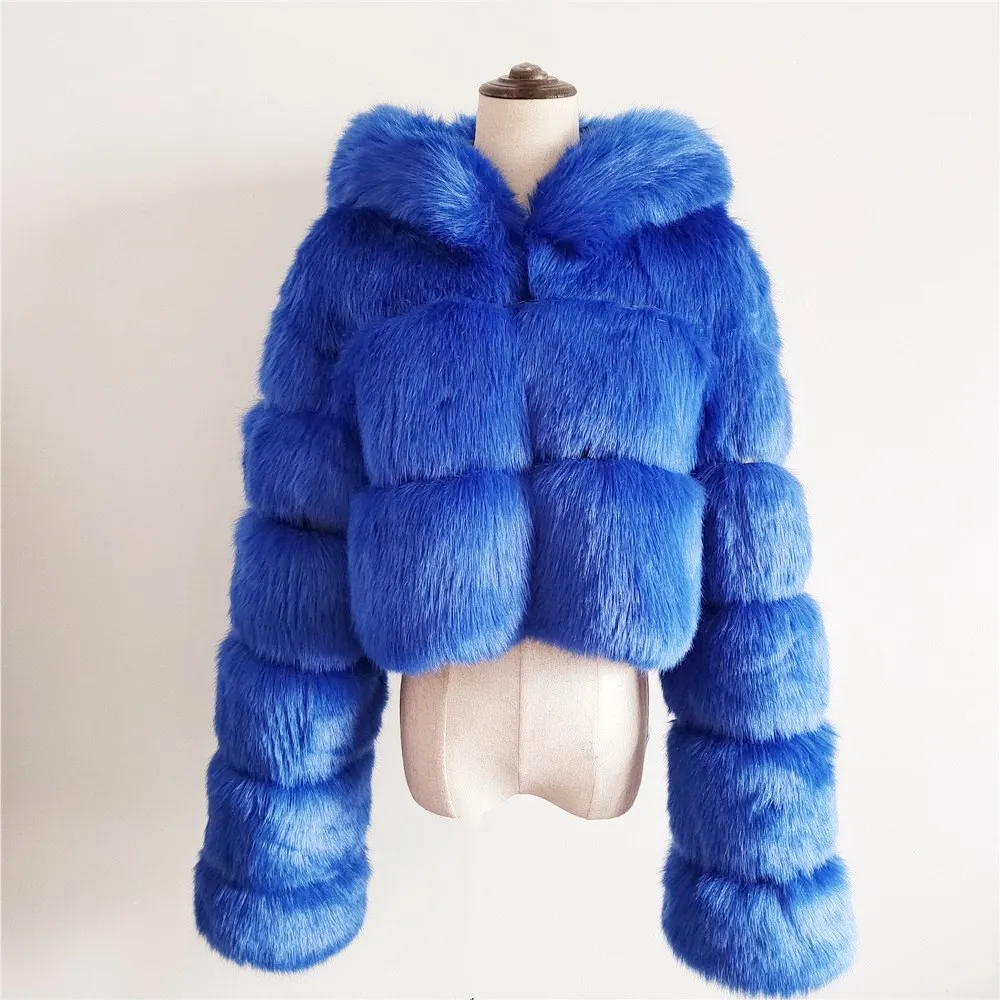 Winter Fashion Women Cropped Fur Jacket Red Solid Crop Top Stand Collar ...