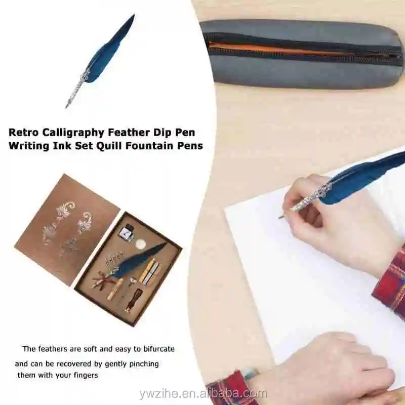 Vintage Calligraphy Feather Dip Pen with 5 Nib Writing Ink Quill Fountain Pen 