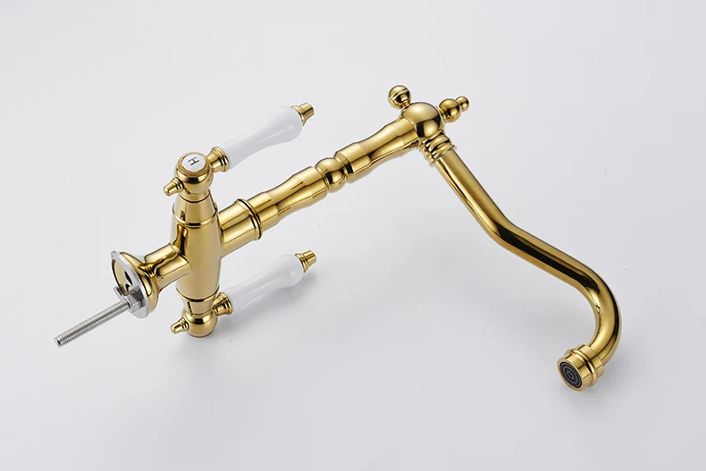 Golden Color Vintage Double Handles Brass Kitchen Sink Faucet Water Tap
