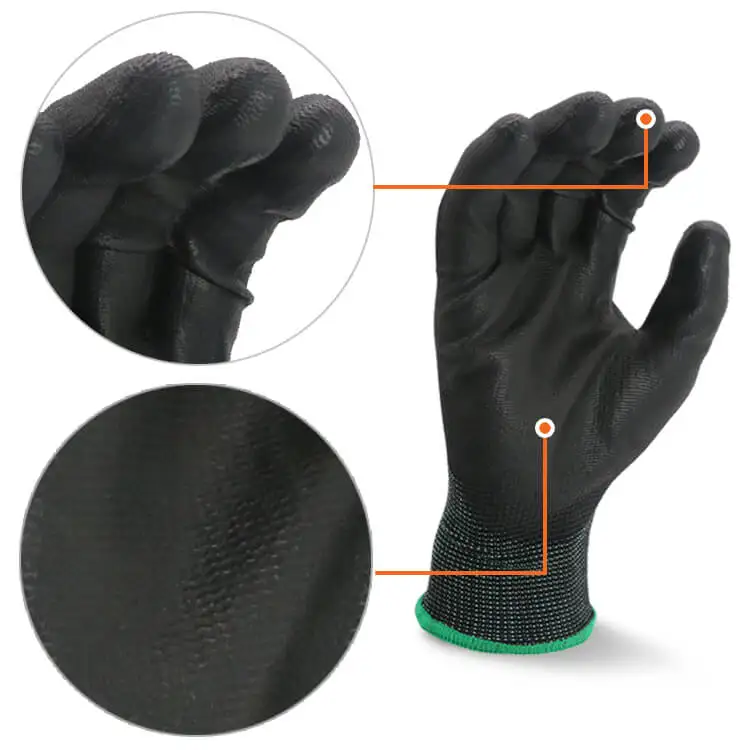 
Coating PU top work gloves in black 