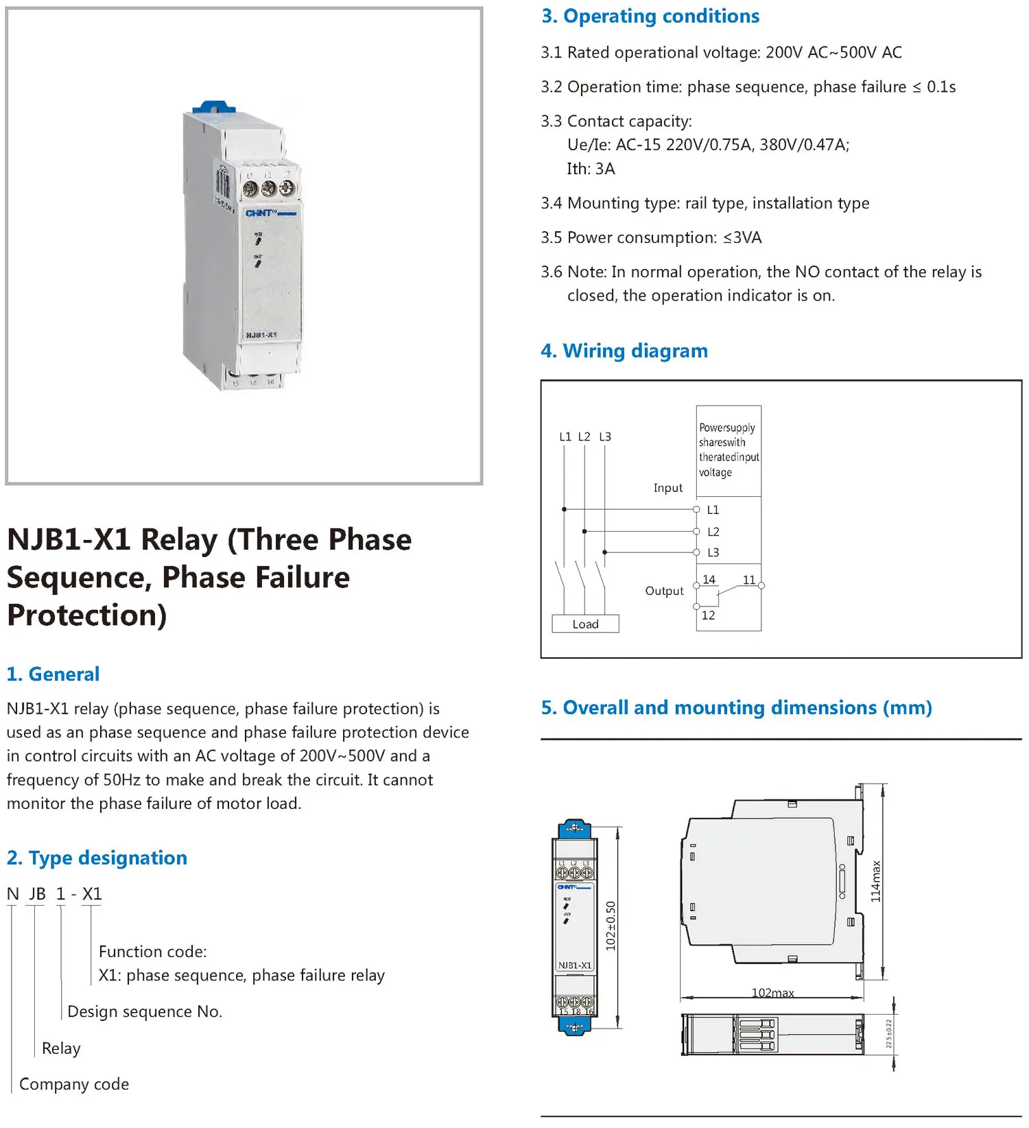 Chint original NJB1-X1 220V 380V Phase Sequence and Phase Failure protection Relay