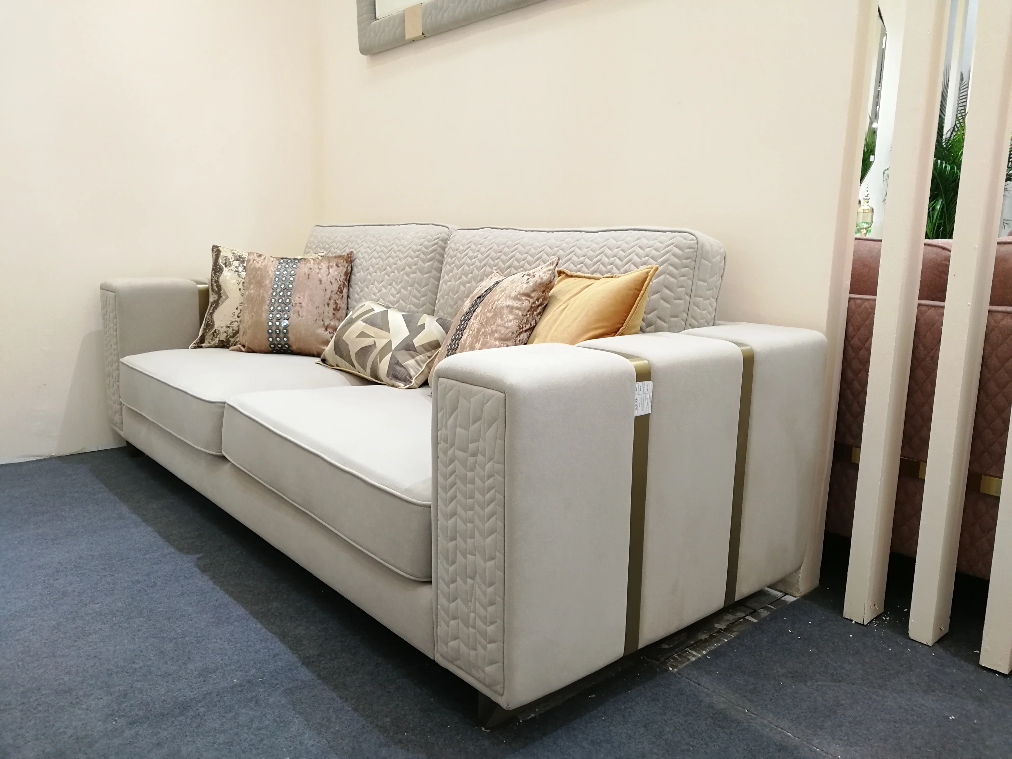 Modern Hot Selling All Handmade High quality Fabric back & 2 Seats with Stainless Steel decor Comfortable Grey Sofas