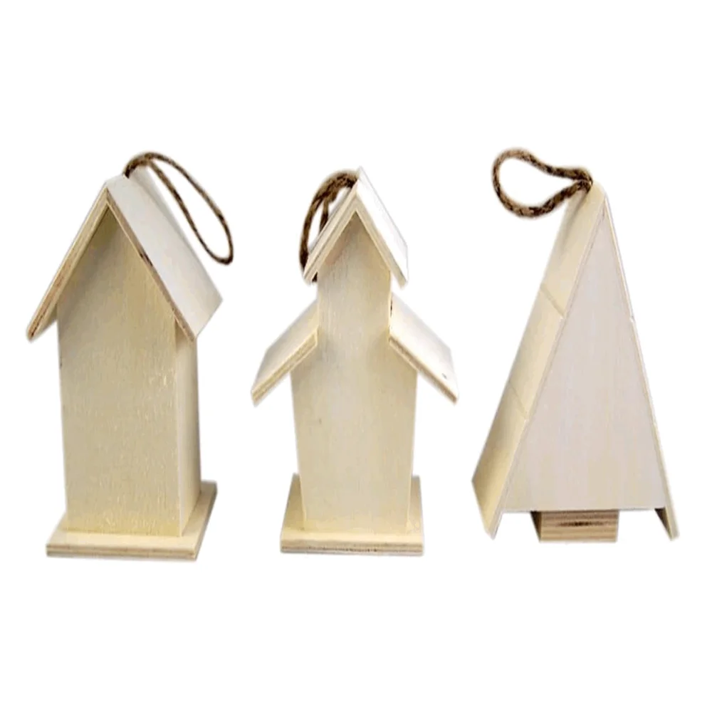 Set of 3 unfinished garden decoration natural solid wood kids DIY toy factory wholesale bird house kids