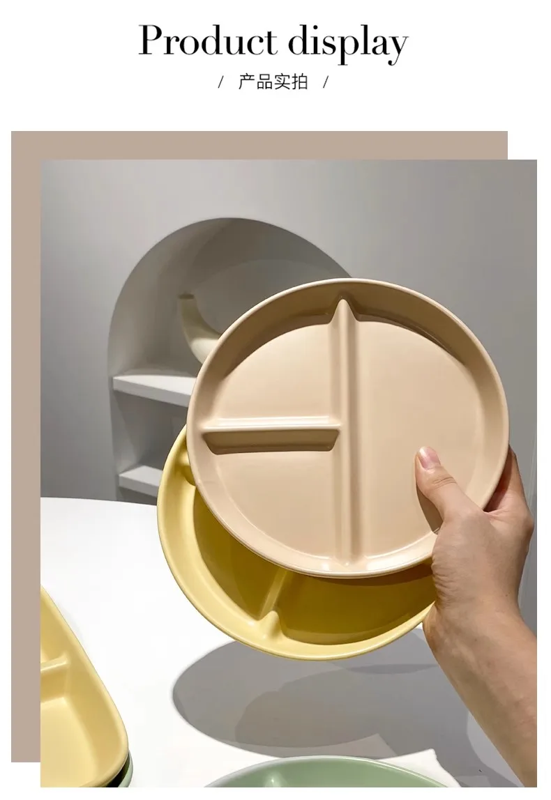 Round Ceramic Compartment Plate 3 Compartments Divided Plate Dinnerware