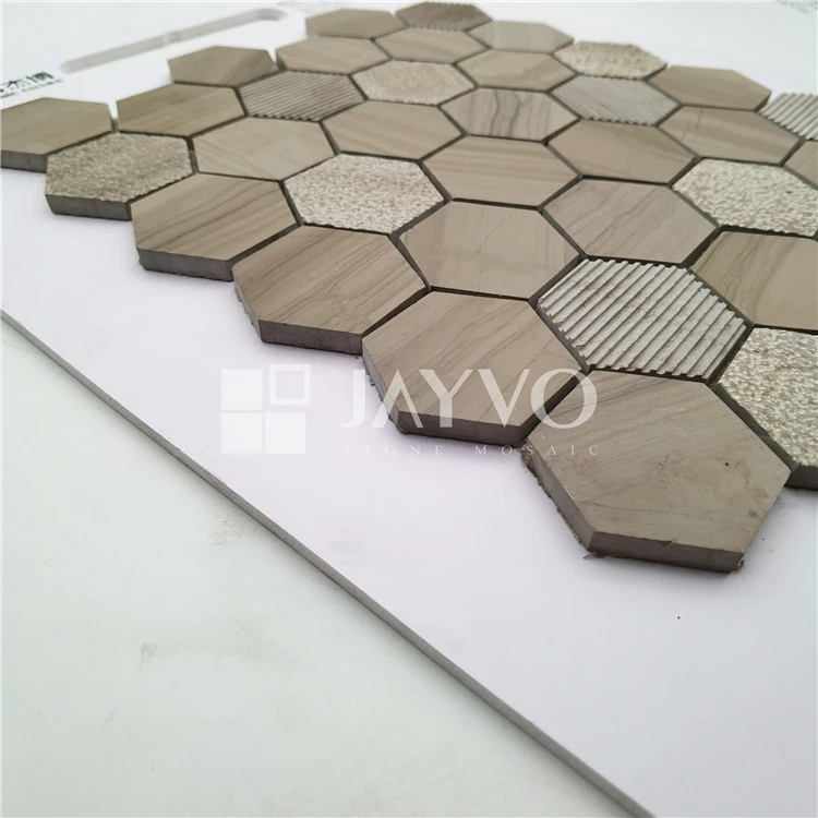 China Supplier Hot Sale Outside Wall Decorative Hexagon Grey Tile Irregular Stone Mosaic Tiles Golden Select Mosaic Wall Tile
