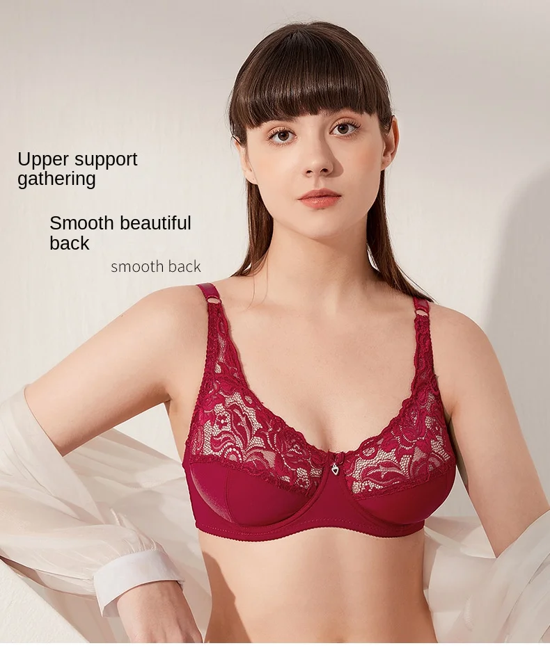 Ultra-Thin Large Size Steel Ring Bra Sexy Lace Lingerie with Adjustable Gathered Cups Breathable Feature for Foreign Trade