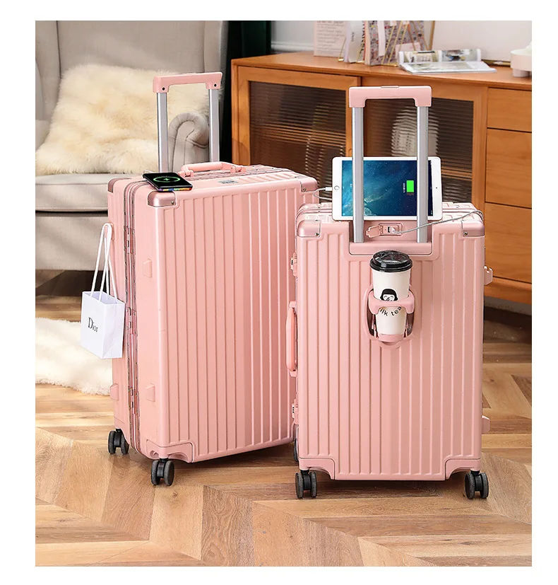 product 29 inch multifunctional pc trolley universal wheel spinner usb charging port aluminum frame new cup holder cartoon hard case-25