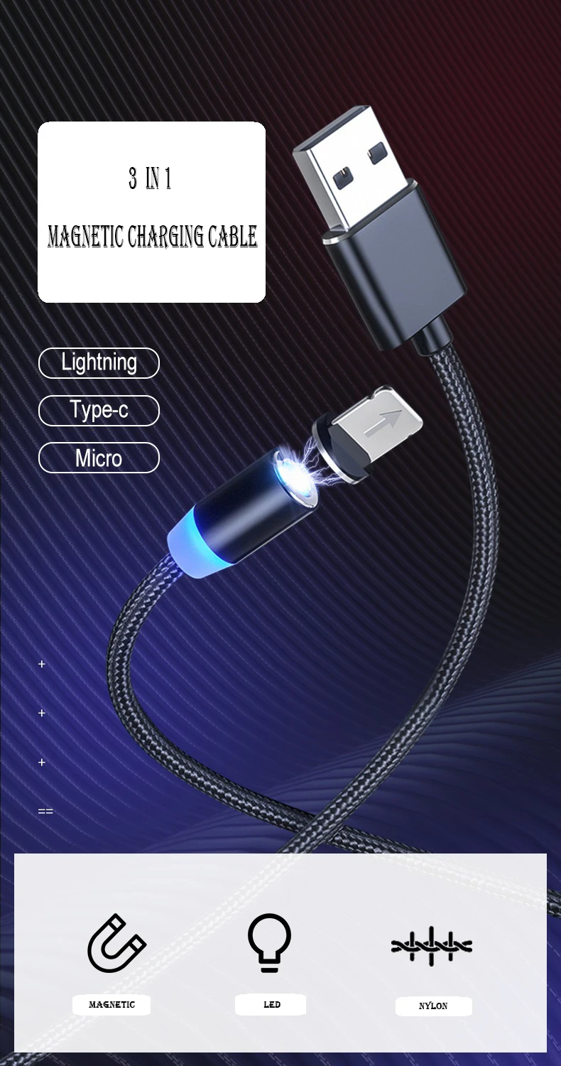 3 in 1 Usb Magnetic Braided Usb Data Magnetic Charging Cable - ANKUX.COM