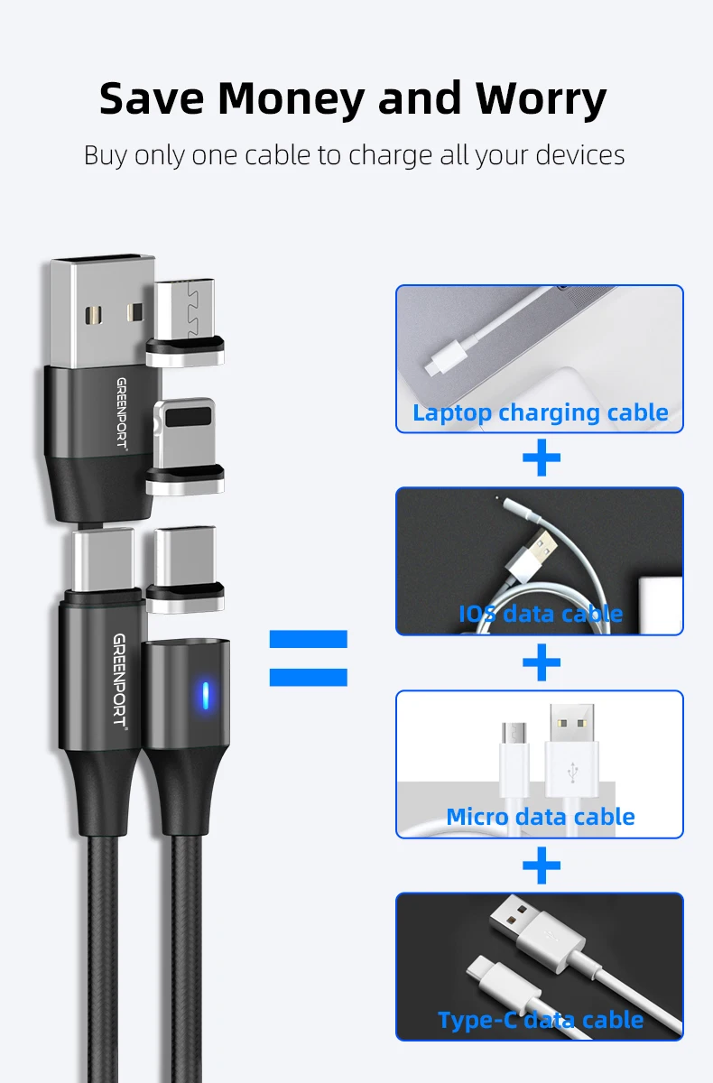 Magnetic Charging Cable C to 3 PD 60W Magnetic Phone Charger Nylon Braided Magnetic cable Compatible Micro USB Type C - ANKUX.COM