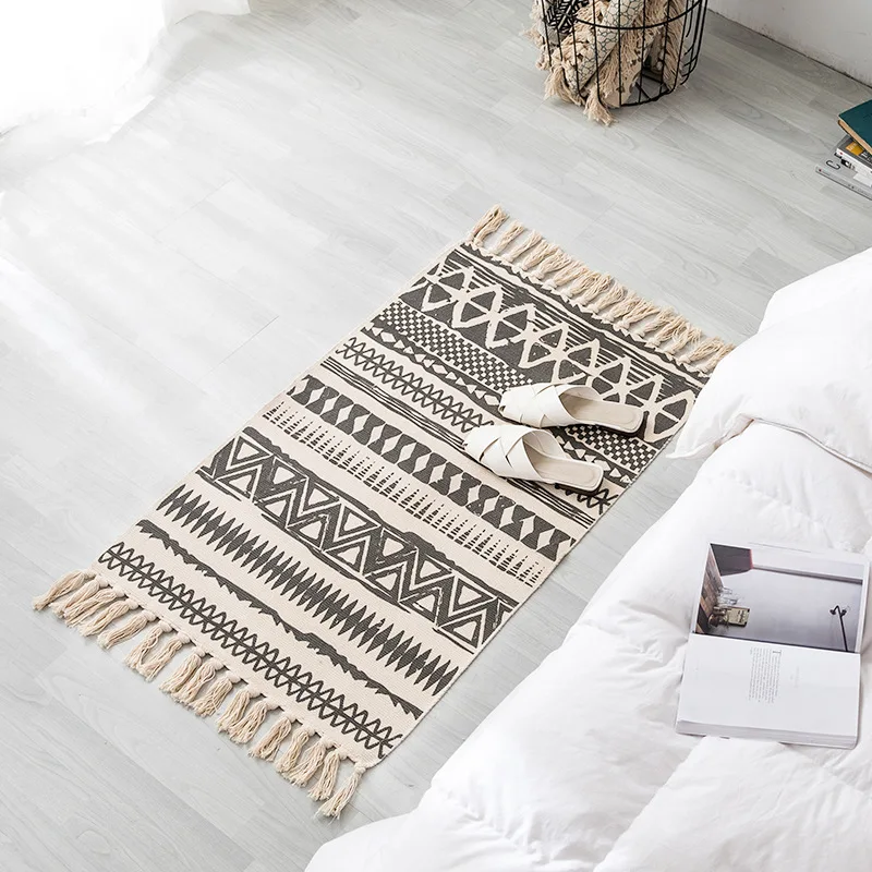 Black White Bath Mat,Woven Cotton Material With Tassel Of Boho Bathroom