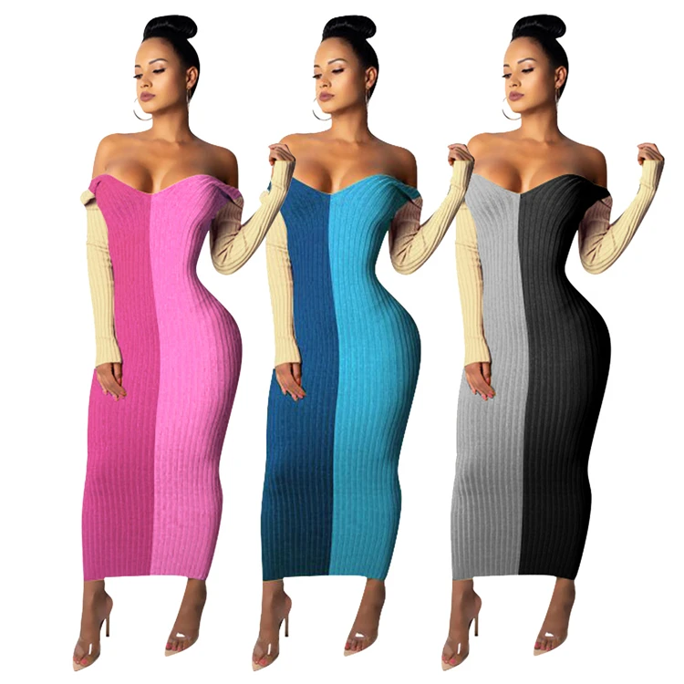 New Arrival Elegant Contrast Color Off Shoulder Long Sleeve Knit Maxi Long Women Dresses Girl Casual dress