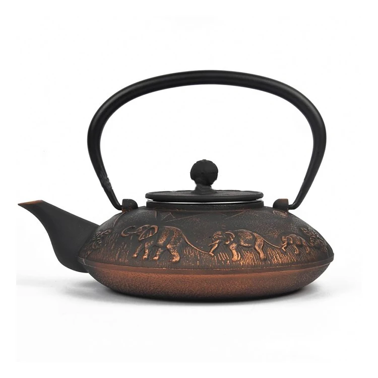 Bronze Cast Iron Flat Teapot Inner Enameled Tea Kettle Embossed With
