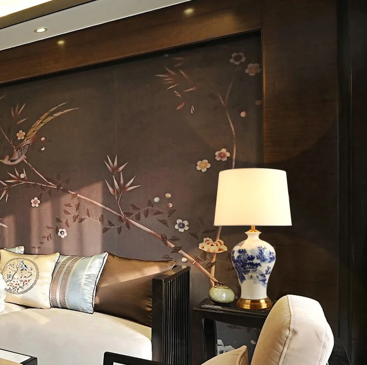 Factory supply Modern blue and white porcelain ceramics body fabric shade table lamp for Home use