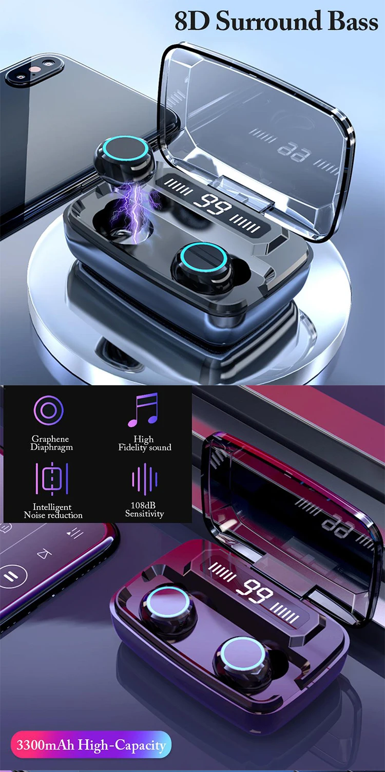 New M11 Earphone TWS 5.0 Wireless Bluetooth Headphone With 3300mAh LED Digital Charging Box Stereo Bass Sport Headset Earbuds - ANKUX.COM